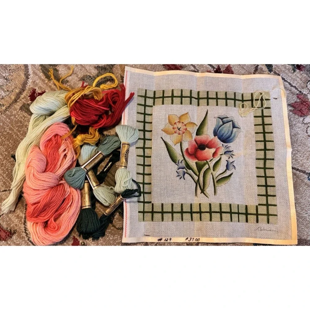 Vintage 90s Hand Painted Needlepoint Canvas Glorious Floral READ